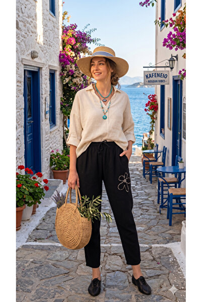 shE tekstil Çiçekli Payetli Keten Pantolon