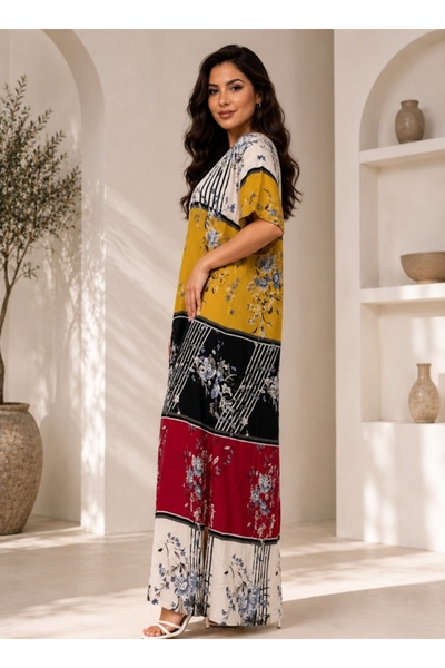 Comfort Women Yellow Multi Color Floral Maxi Jalabiya Loose Fit Long Dress Da...