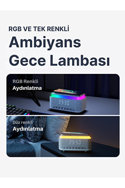 Revenge Kablosuz Ambiyans RGB Bluetooth Hoparlör Şarj İstasyonu 3 ü Bir Arada- 15W Kablosuz Dekoratif Çalar Saat Alarm - Kablosuz Bluetooth Hoparlör Ses Bombası