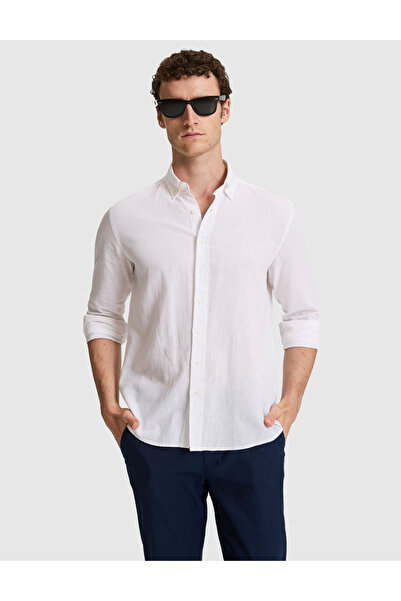Pierre Cardin Beyaz Keten Karışımlı Regular Fit Uzun Kollu Gömlek 50325356-VR013