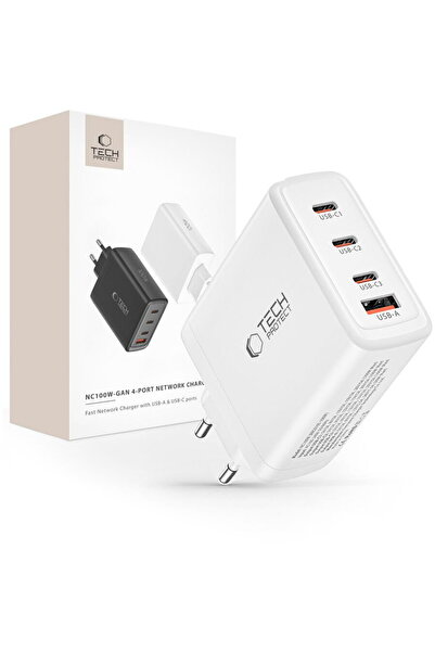 Tech-Protect GaN 3xUSB-C + 1x USB-A PD QC3.0 100W Alb