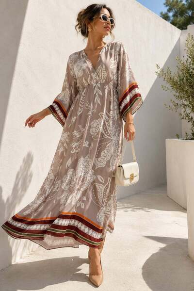 Madmext Beige Long V-Neck Pattern Women's Dress MG2100