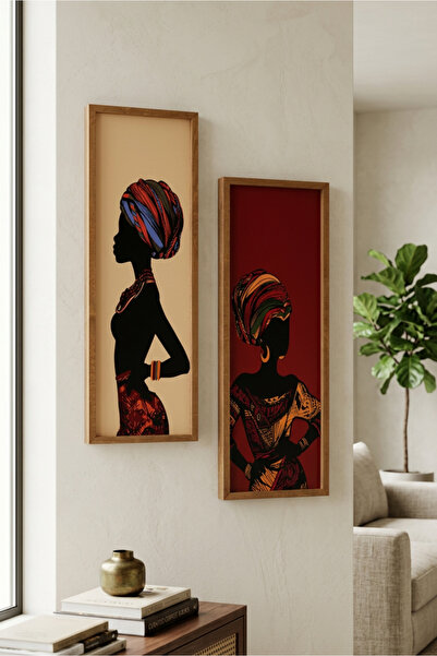 Wooden Factory 2'li Doğal Ahşap Afrikalı Kadın Bohem Stil Duvar Tablosu 20x60...