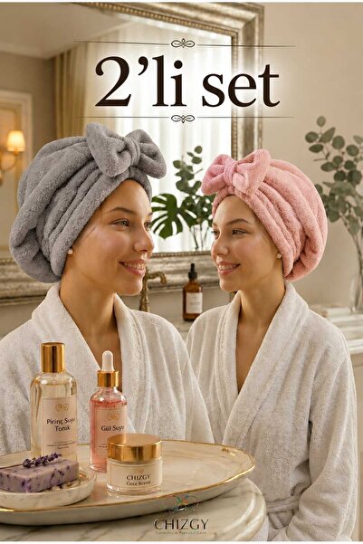 CHIZGY 2 Adet Mikrofiber Saç Havlusu Bonesi Lastikli Fiyonklu