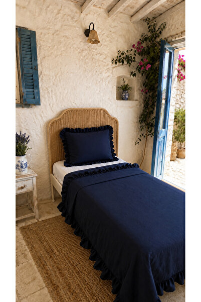 Decamor home Ruffled Navy Blue Bedspread Set Single Size