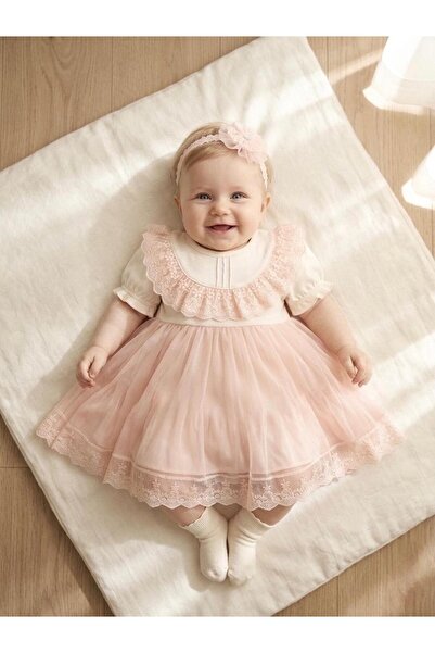 Miniday Baby فستان مراسم صيفي للبنات الرضع بدانتيل مع بندانا، طقم خروج من الم...