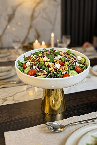 MAY HOME Porselen Gold Metal Ayaklı Sunumluk Kase & Salata Meyve Meze Servisl...