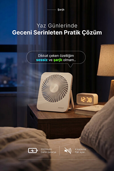 Everest Efn-601 Beyaz 2000Mah 4 Kademeli 4000Rpm Hız Metal Ayak Masaüstü Usb Fan