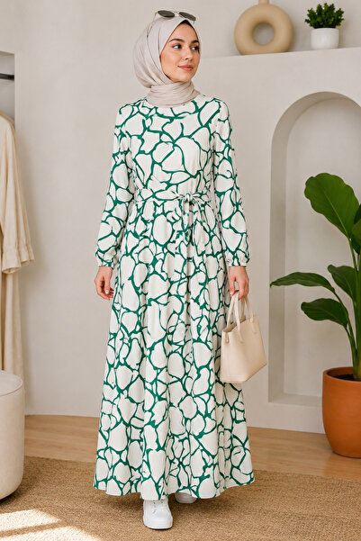 EruZan Women's Modern Patterned Lined Crepe Chiffon Hijab Dress