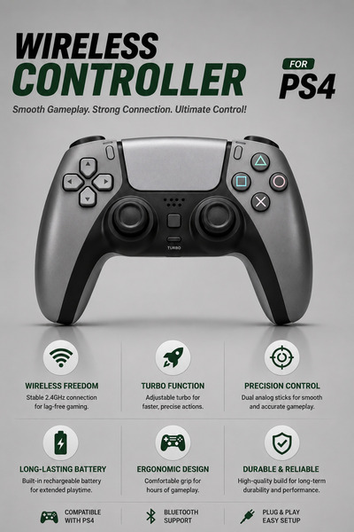 Generic Wireless Controller for PS4 – Bluetooth Gamepad, Ergonomic Grip, Turb...