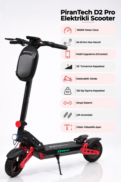 PiranTech D2PRO Elektrikli Scooter 1000W Kırmızı | Mobil Uygulama | Çift Amor...