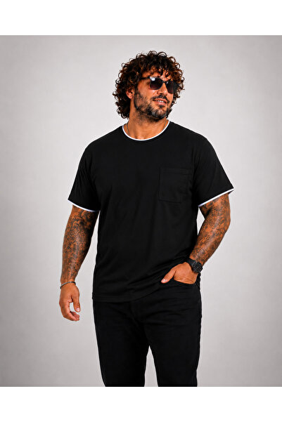 Starbattal Men's Large Size Crew Neck T-Shirt with Pockets 26143 Black