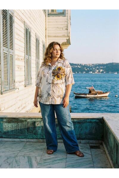 JERFİ Women's Plus Size Stone Printed Fabric Shirt