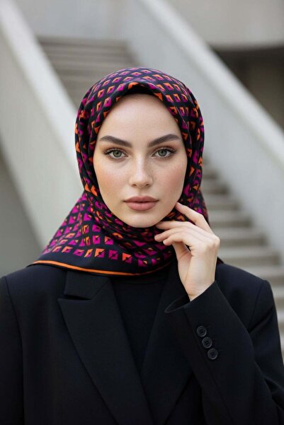 Vissona %100 Twill İpek Geometrik Desenli Fuşya - Turuncu Renkli 90x90 Eşarp ...