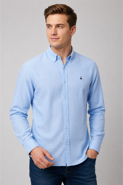 FSR FUSARO Mavi %100 Pamuk Slim Fit Düğmeli Yaka Erkek Gömlek - Kolay Ütülene...
