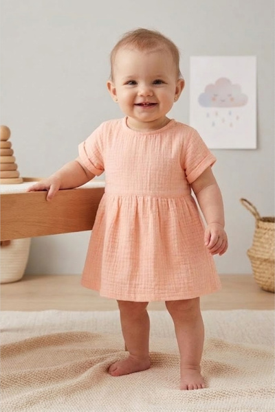 ÇİTİL Organic Muslin Pink Short Sleeve Baby Dress 6-9Ay 24-36Months