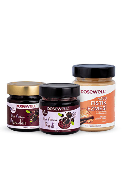 Dosewell Mor Aronya Reçeli, Marmelatı ve %100 Fıstık Ezmesi - 3'lü Kahvaltı Seti