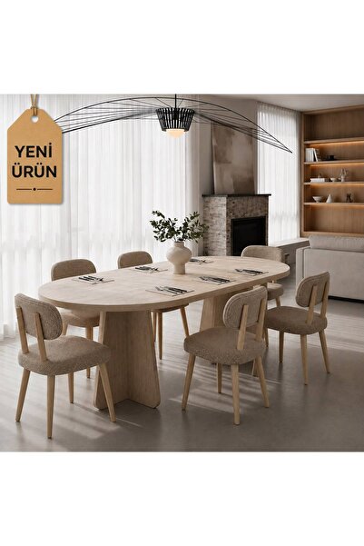 UZMHOME Bohem Masa Takımı Ahşap Masa Takımı 6 Kişilik Masa Sandalye Takımı İs...
