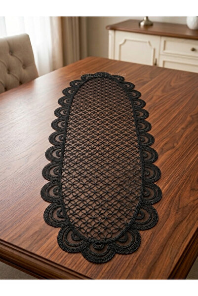 cacao home Fransız Dantelli Örme Tabanlı Tek Runner Masa Örtüsü 35x110 Cm Mas...