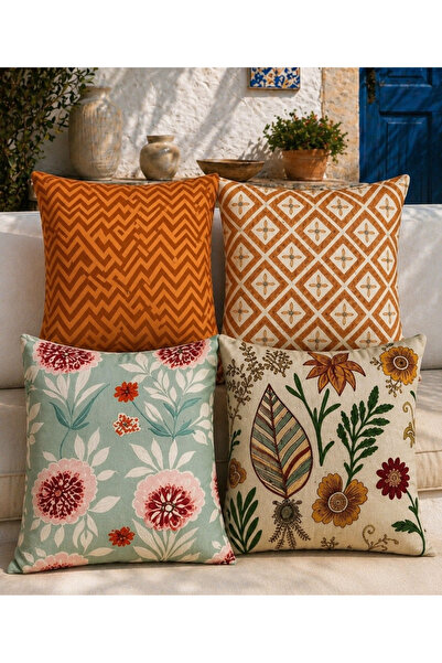 fdm desıgn Renkli Floral Geometrik Desenli 4’lü Kırlent Kılıfı Seti Zigzag Tu...