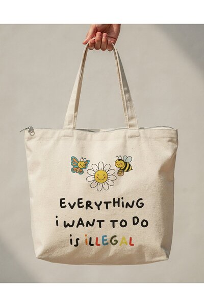 buzagi tasarım ürünleri Illegal Zippered Lined Gusseted Canvas Bag 35 X 40 cm