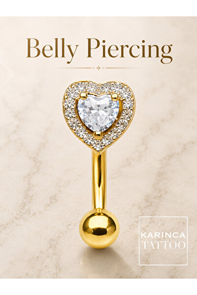 Karınca Piercing Taşlı Kalp Yüksek Kalite Altın Rengi Göbek Piercing Gold Cer...
