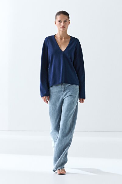 Massimo Dutti Çizgili V yaka triko kazak