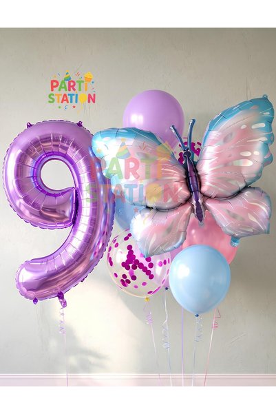 Parti Station Blue Pink Butterfly 9 Years Old Purple Number Balloon Set Butte...