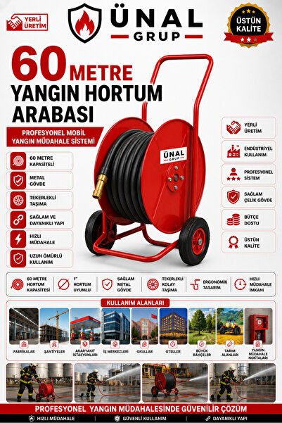 ünalgrup 60 Metre Yangın Hortum Arabası Tekerlekli Metal Hortum Sarma Makaras...