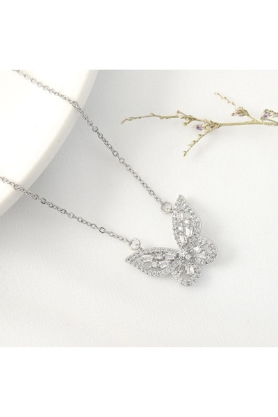 Umrece Zircon Stone Butterfly Steel Necklace (45+5 cm)