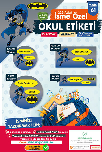 t tuğset etiket Okul Etiketi Batman Kalem Defter Etiketi Özel İsim Yazılabile...