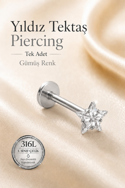 moonzy - minimalist & cozy Yıldız Tektaş Helix Piercing 316 L Çelik Tragus Kı...