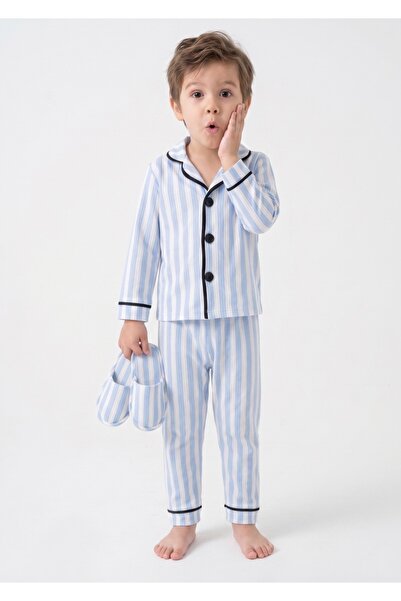 EYZ KIDS Set de pijamale pentru băieți cu dungi albastre și papuci (papucii s...