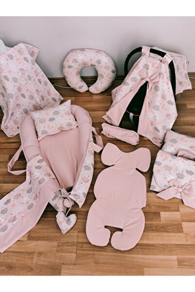 Pembe Bulutlu Düz Pudra Oval Yataklı 10 Parça Babynest Seti