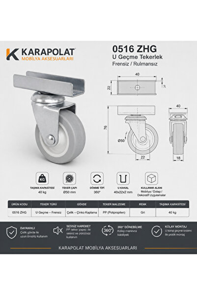 KARAPOLAT 18 mm U Geçme Frensiz Mobilya Tekeri Sehpa Masa Ofis Dolabı Tekeri