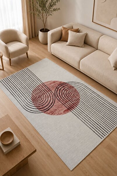 Serente Home Modern Desenli Yıkanabilir Kaymaz Taban Şönil Krem Kahverengi Si...