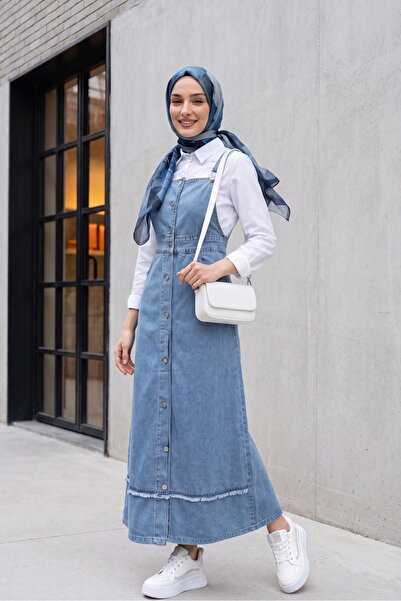Modamorfo Denim Overalls with Fringed Skirt Detail, Button Front and Pockets ...