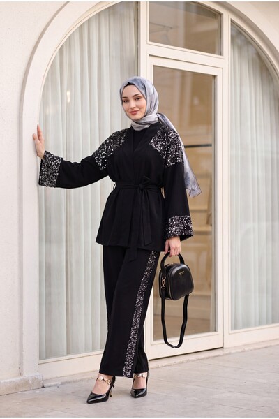 Modamorfo Linen Look Kimono Set with Shoulder and Sleeve Sequins and Belted T...