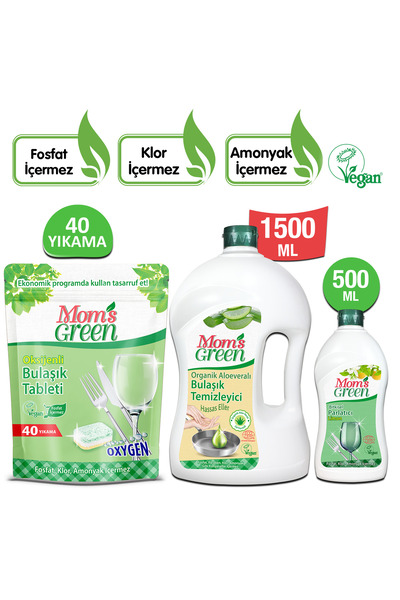 Mom's Green 3'LÜ SET- 40'Lİ BULAŞIK MAKİNESİ TABLETİ-1500 ML ELDE BULAŞIK TEM...