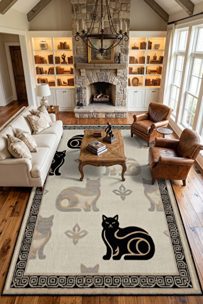 İstinye Halı Arte KD015 Kedi Desenli Salon Mutfak Kaymaz Taban Halı