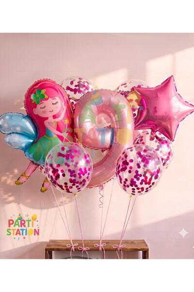 Parti Station Peri Kızı Yıldız 9 Yaş Balon Set Demet Balon Folyo Set Peri Kız...