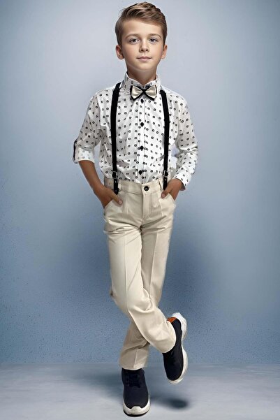 Riccotarz Boy's Patterned Shirt, Bow Tie and Suspender Cream Trousers Top and...