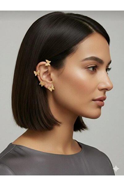 Aksesdunya Gold Renk Tekli Taşlı Kelebek Sağ Earcuff Kıkırdak Küpe