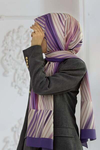 Vissona KREP ÇİZGİLİ DESENLİ LİLA RENKLİ 75X195 KIRIŞMAZ ŞAL