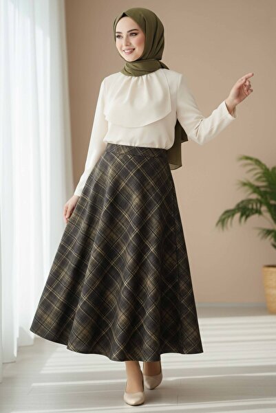 TOFİSA Square Patterned Bell Skirt - 28239-Haki