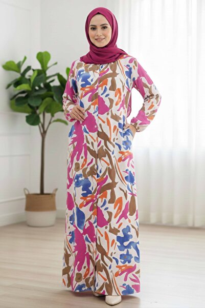 TOFİSA Cepli Baskılı Desenli Keten Elbise - 28296-FUSYA