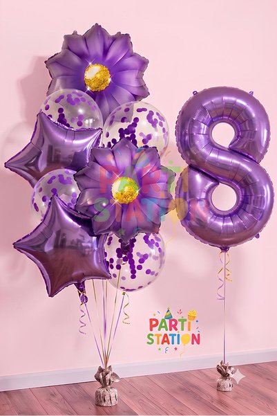 Parti Station Purple Daisy 8 Year Old Balloon Set Purple Daisy Concept Birthd...