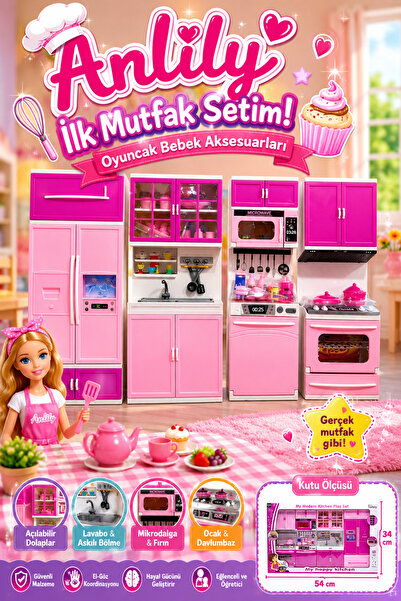 craftivio 4 Modüllü Pembe Oyuncak Mutfak Seti - Aksesuarlı ve Açılabilir Dola...
