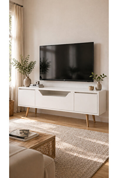 VM VERTEX MOBİLYA Roma Ahşap Ayaklı Tv Ünitesi Tv Sehpası Beyaz 150 Cm