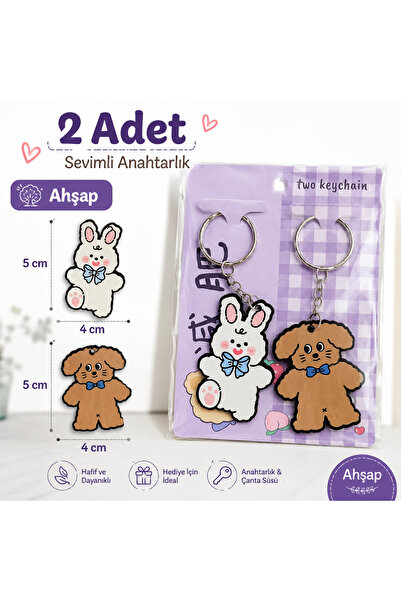 Luxmon Kawaii Bunny Bear Wooden Couple Keychain Bag Ornament 2 Pieces